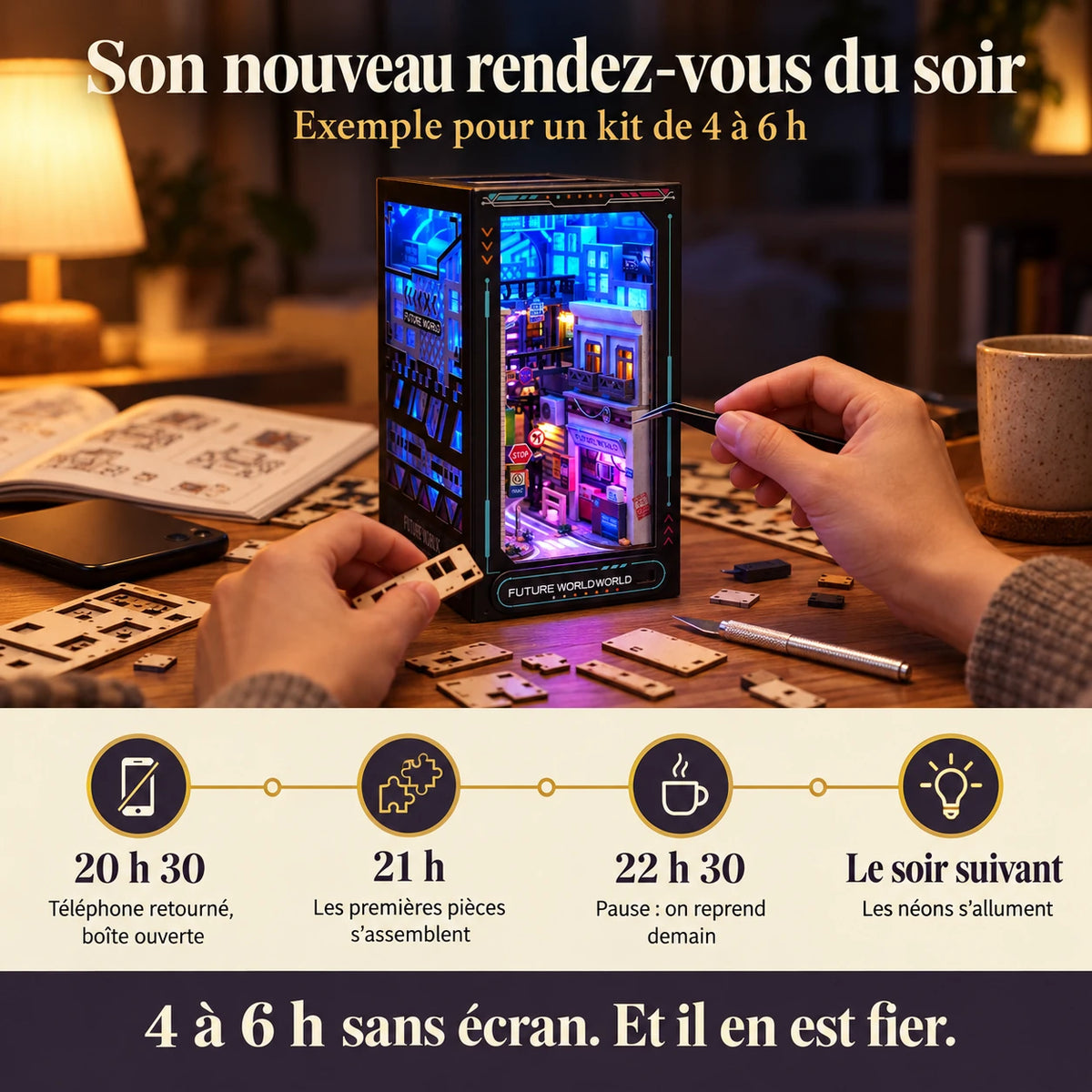 Ruelle Néon — exemple de montage du soir en 4 à 6 heures