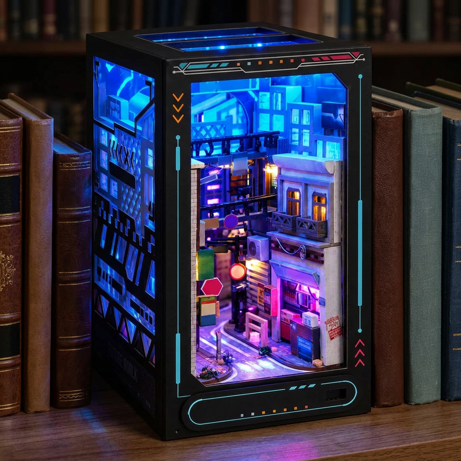 Schritt 3 beim Aufbau: Anknipsen – Book Nook Neon-Gasse — Cyberpunk-Holzbausatz mit LED
