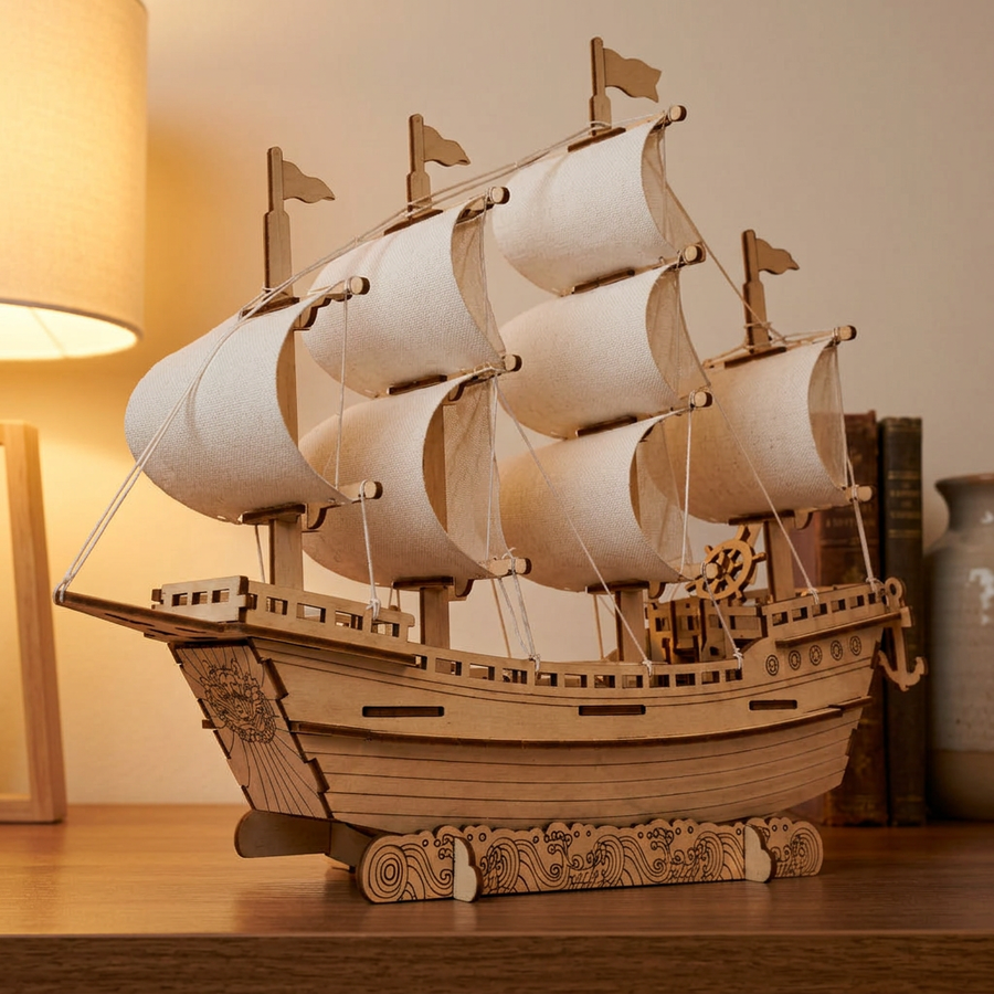 Schritt 3 beim Aufbau: Ausstellen – Segelschiff Modell aus Holz — Das große Segelschiff mit weißen Segeln