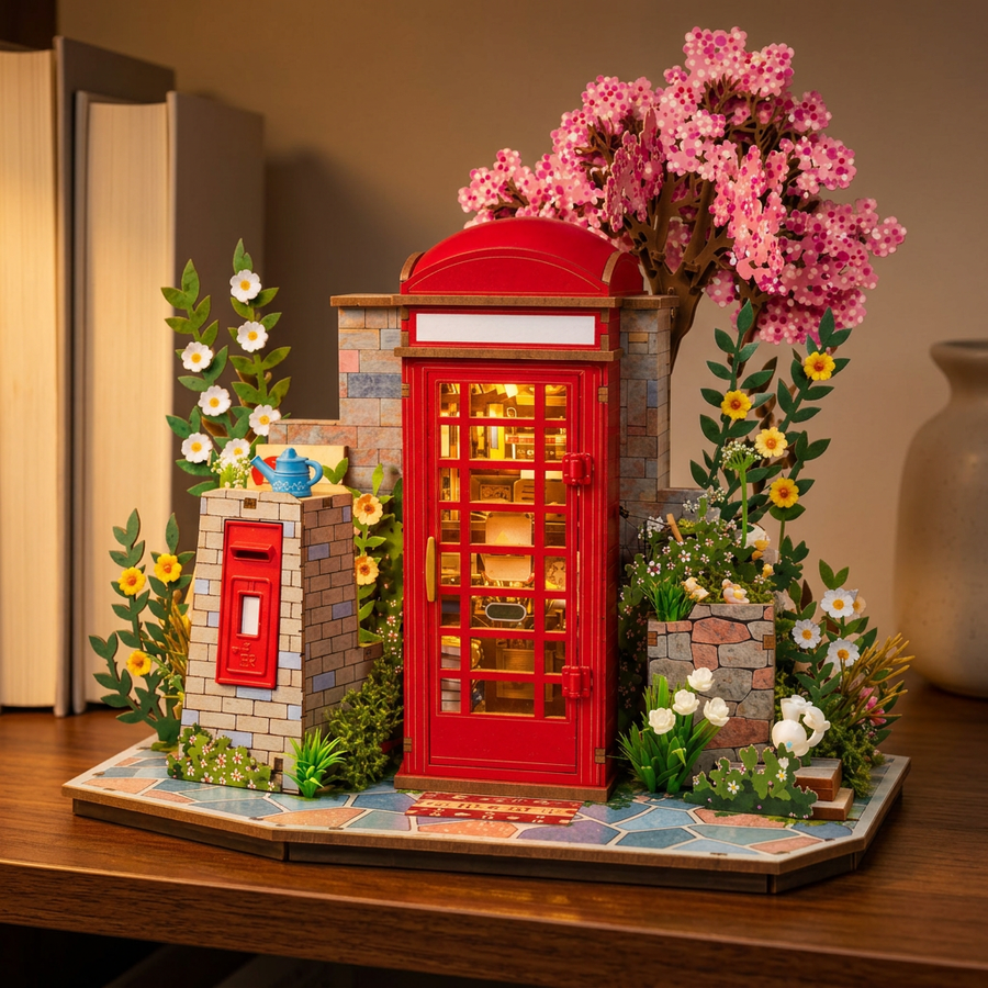 Étape 3 du montage de La Cabine Téléphonique Fleurie : la maquette terminée exposée sur une étagère
