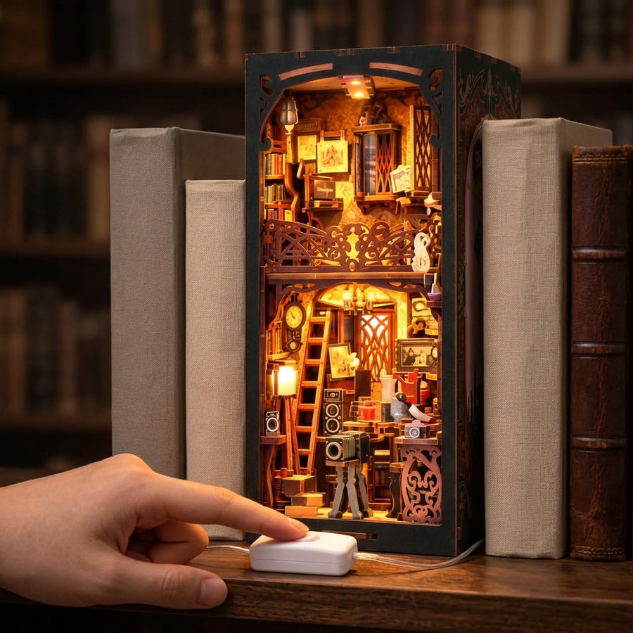 Fase 3 del montaggio: Accendere – Book Nook Camera Oscura — Kit Fai da Te in Legno