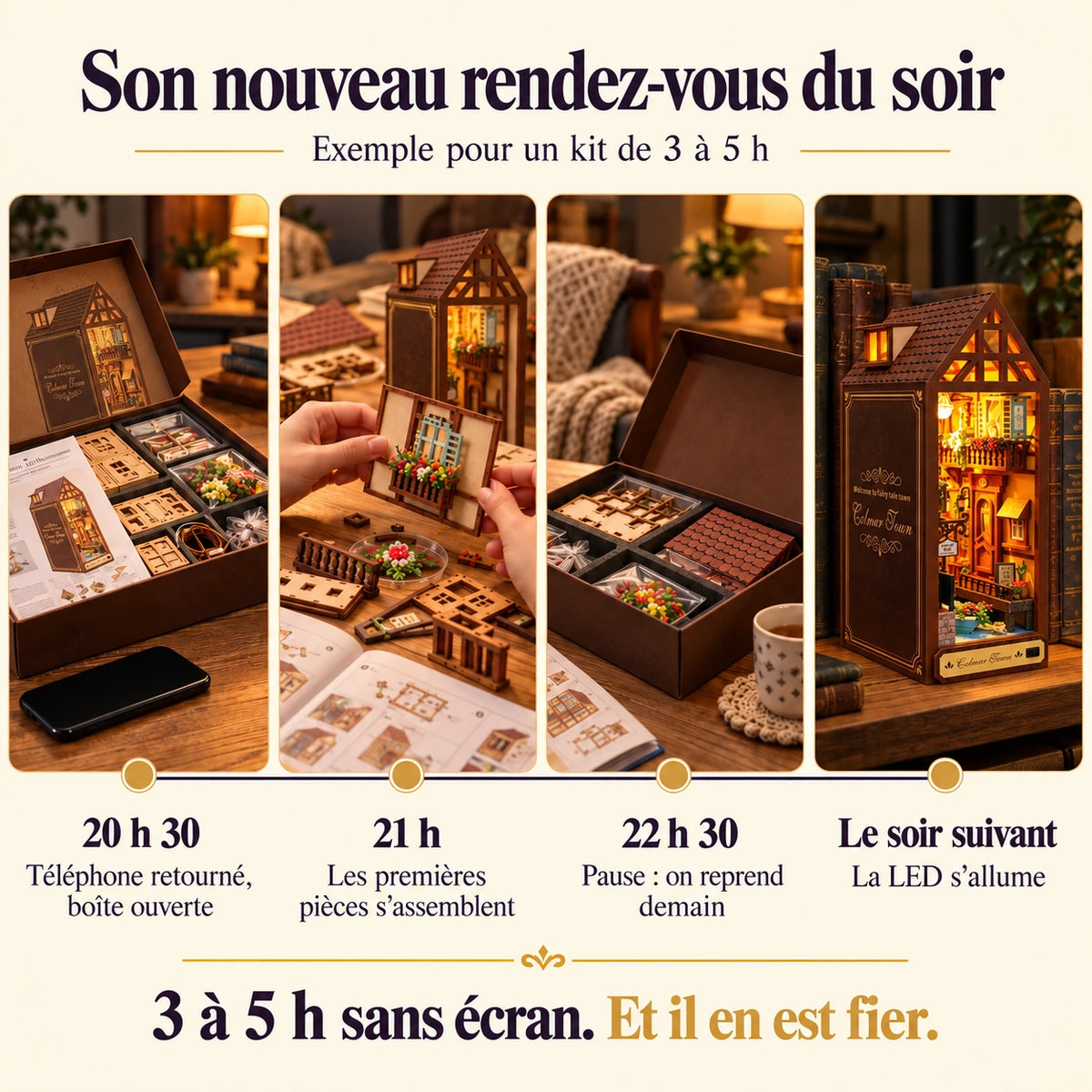 Frise de montage de la Maison de Colmar sur deux soirées, de la boîte à la LED allumée