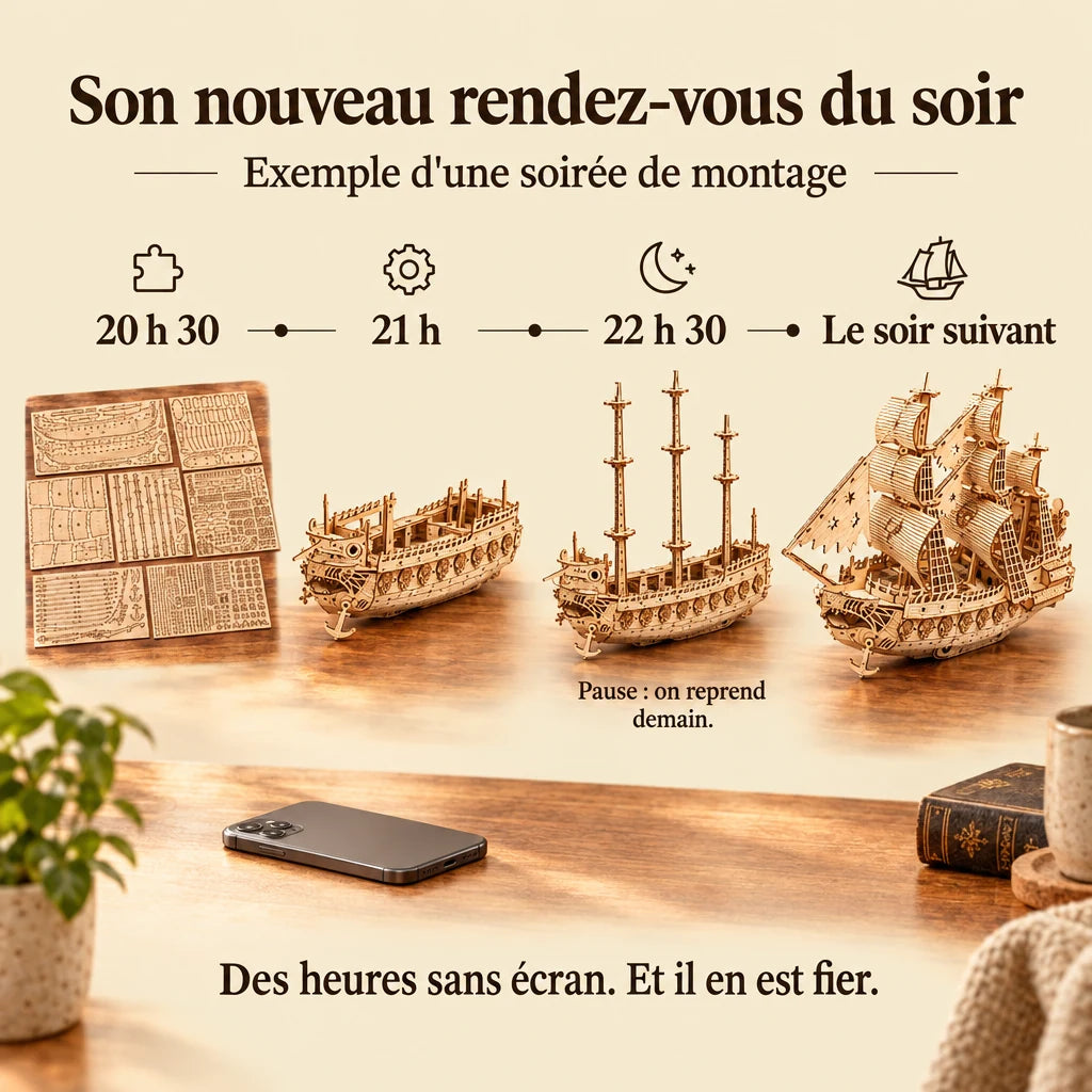 Timeline of an evening building the Dutch Ship, phone face down