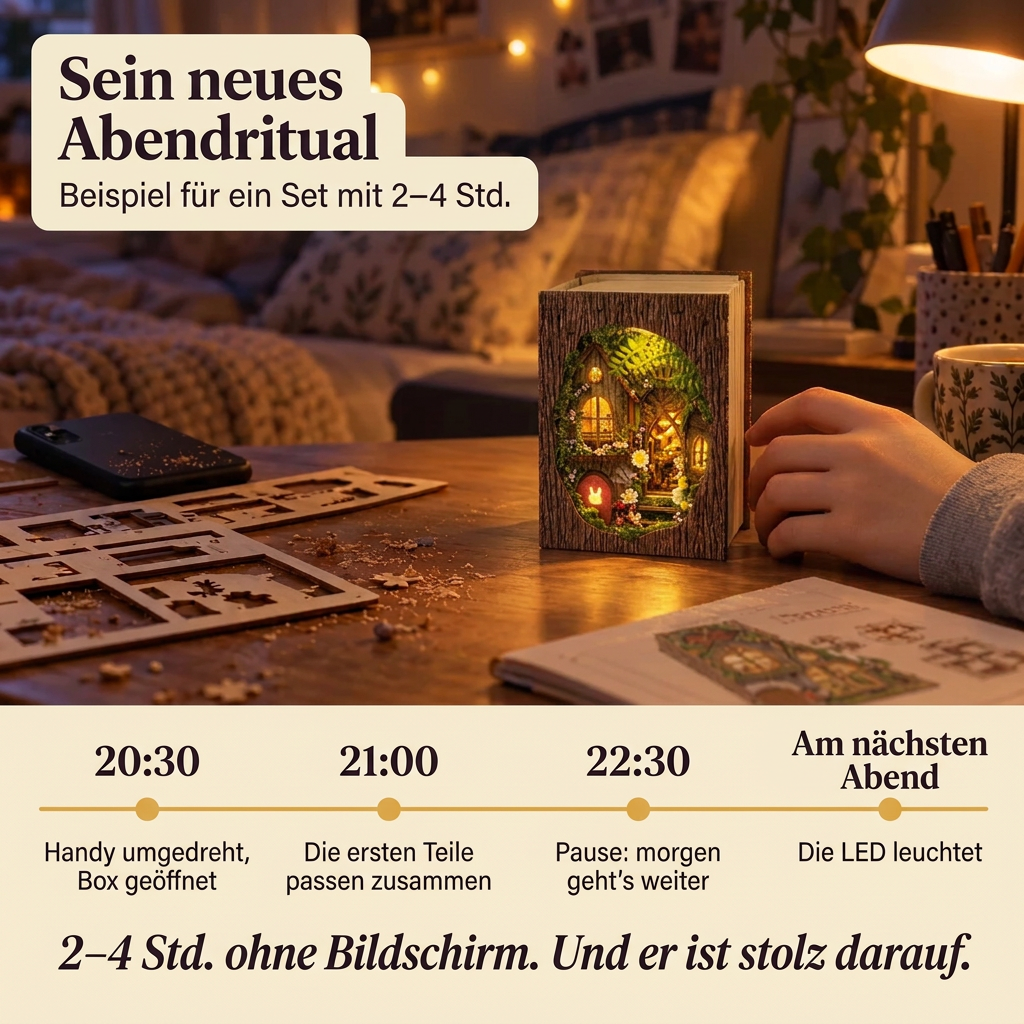 Waldlichtung-Zuflucht am nächsten Abend fertig, Handy umgedreht auf dem Schreibtisch