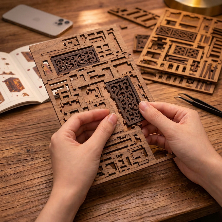 Fase 1 del montaggio: Staccare – Book Nook Camera Oscura — Kit Fai da Te in Legno