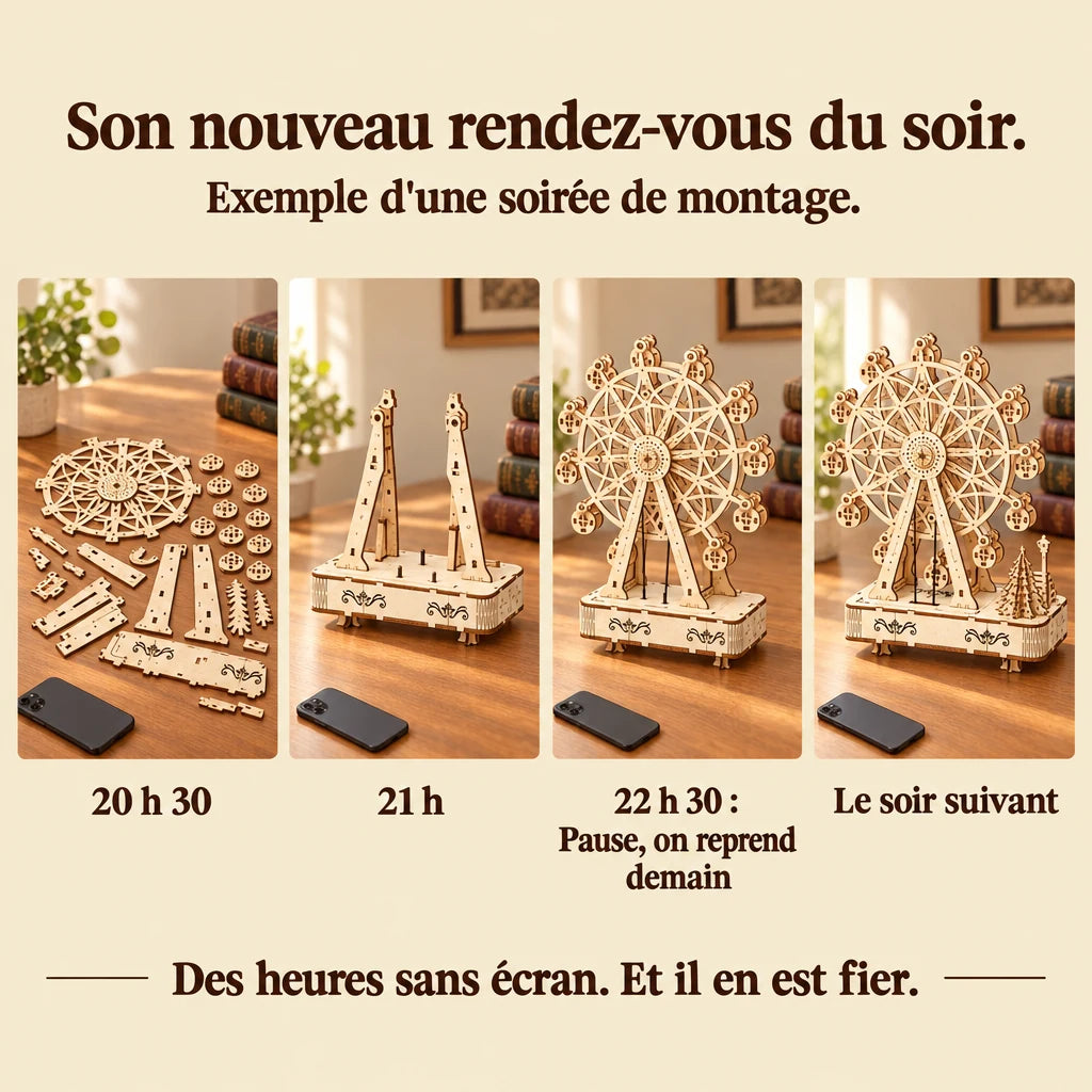 Frise d'une soirée de montage de La Grande Roue Boîte à Musique, téléphone retourné