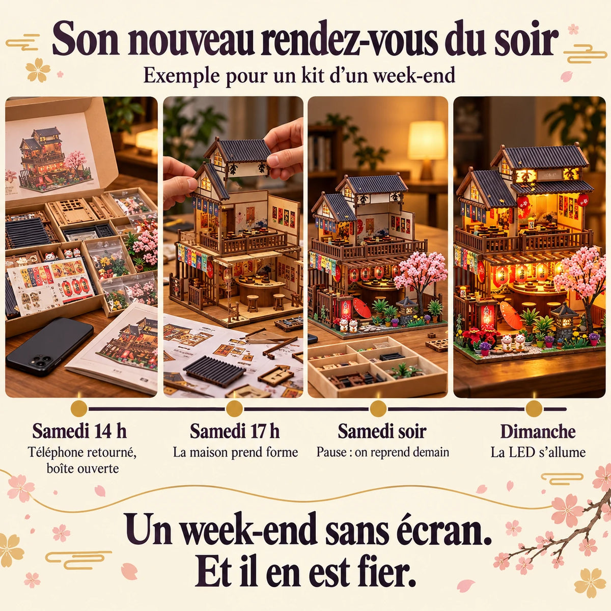 Frise de montage du Salon des Cerisiers sur un week-end, du samedi au dimanche