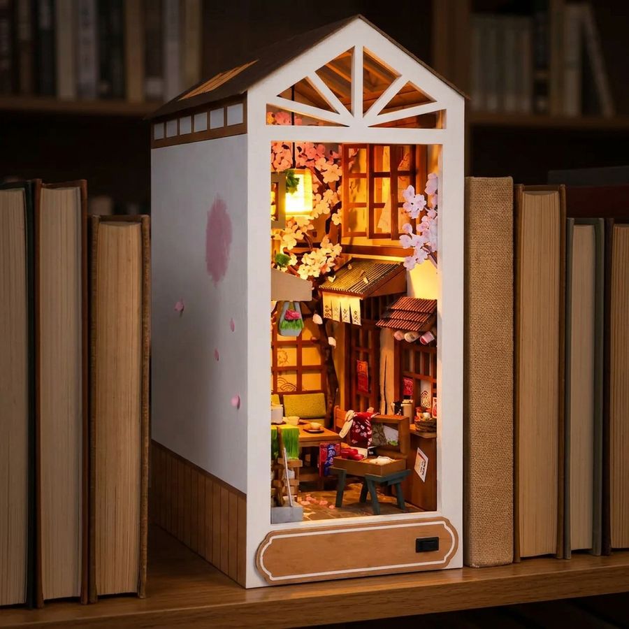 Schritt 3 beim Aufbau: Anknipsen – Book Nook Sakura-Regen – Japanisches Kirschblüten-Set aus Holz mit LED