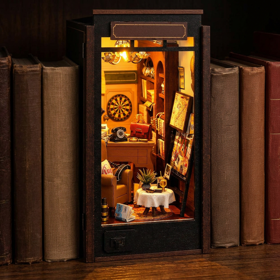 Fase 3 del montaggio: Accendere – Book Nook Ufficio del Detective — Kit Fai da Te in Legno con LED