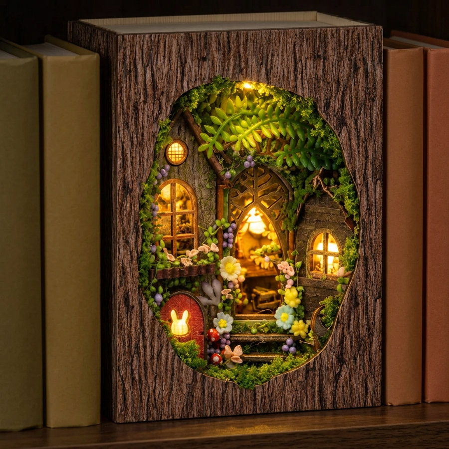 Fase 3 del montaggio: Accendere – Book Nook Rifugio della Radura — Kit Principianti Formato Libro in Legno