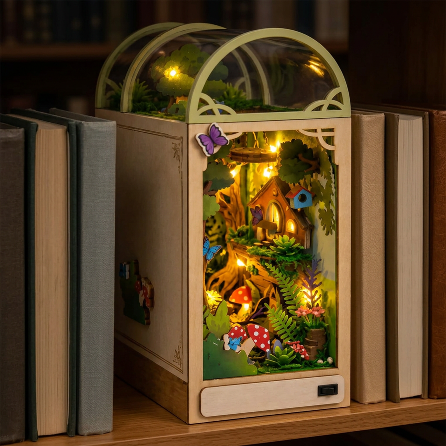 Fase 3 del montaggio: Accendere – Book Nook Bosco delle Lucciole — Kit Fai da Te in Legno con LED
