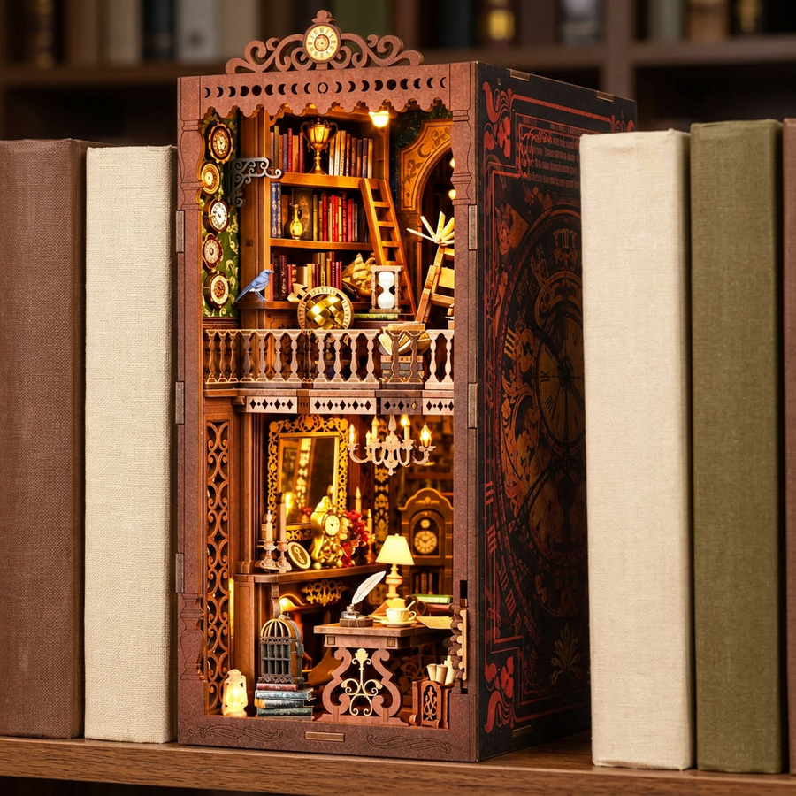 Étape 3 du montage de La Bibliothèque de l'Horloge : le kit terminé et allumé entre des livres