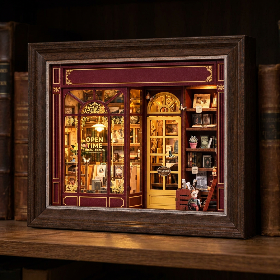 Schritt 3 beim Aufbau: Anknipsen – Book Nook Abendliche Buchhandlung — DIY-Bausatz aus Holz
