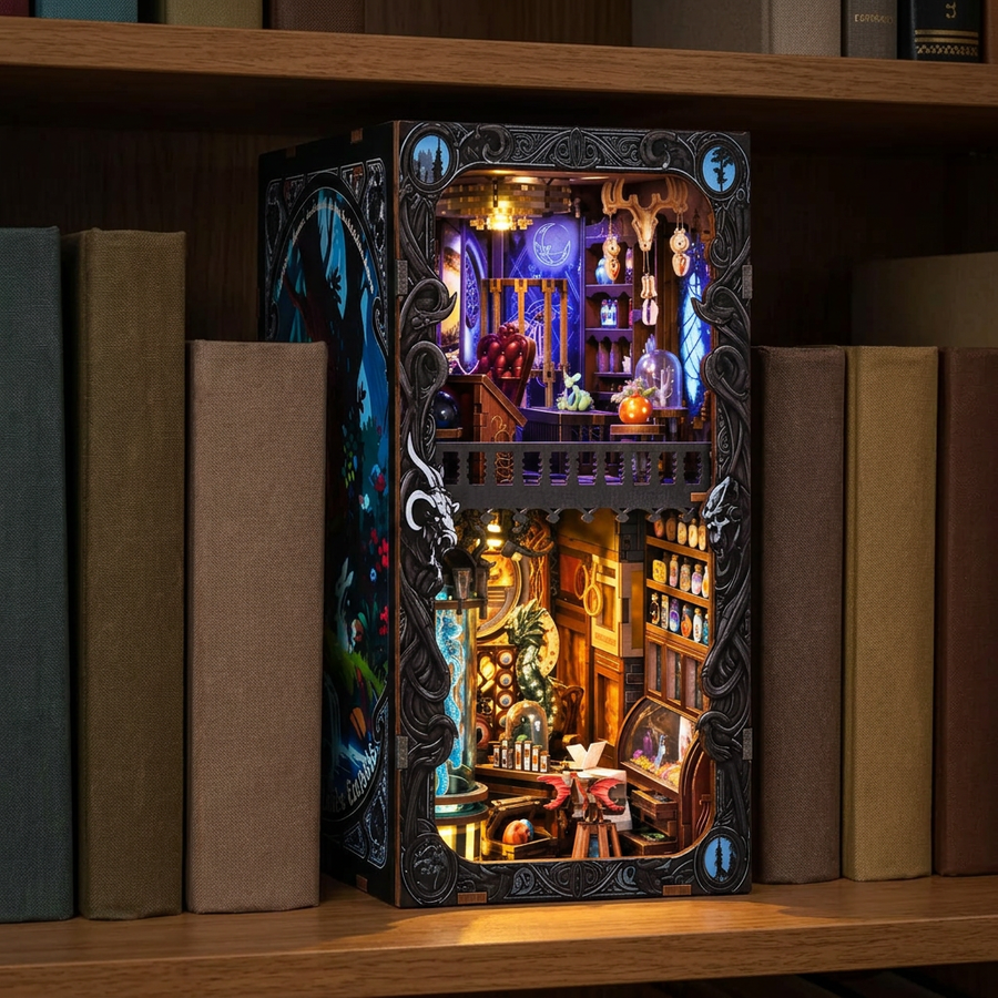 Schritt 3 beim Aufbau: Anknipsen – Book Nook Kabinett der exotischen Kreaturen — Fantasy-Bausatz aus Holz