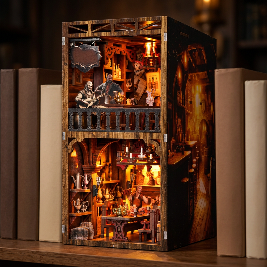 Schritt 3 beim Aufbau: Anknipsen – Book Nook Alter Pub — DIY-Bausatz aus Holz