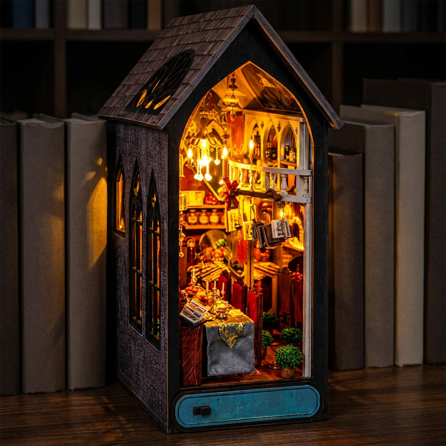 Schritt 3 beim Aufbau: Anknipsen – Book Nook Schattentaverne — Gotisches Holz-Set mit LED