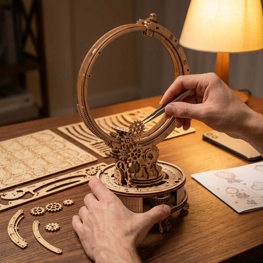 Schritt 2 beim Aufbau: Zusammenbauen – 3D-Puzzle aus Holz — Der leuchtende Globus