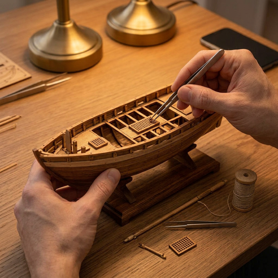 Schritt 2 beim Aufbau: Zusammenbauen – Segelschiff Modell aus Holz — Das Segelboot Harco