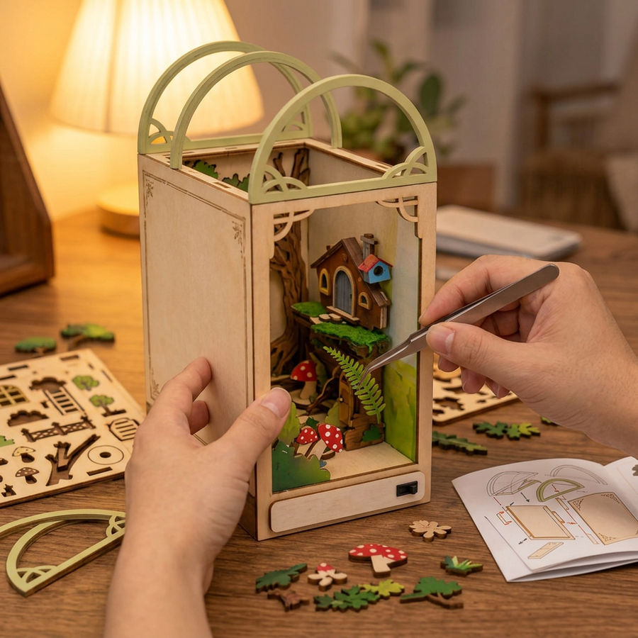 Fase 2 del montaggio: Assemblare – Book Nook Bosco delle Lucciole — Kit Fai da Te in Legno con LED