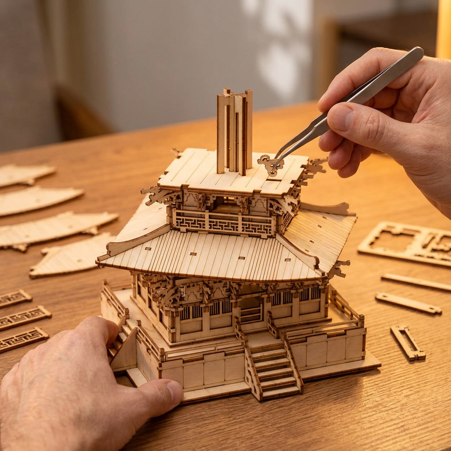 Schritt 2 beim Aufbau: Zusammenbauen – 3D-Puzzle aus Holz — Die fünfstöckige Pagode