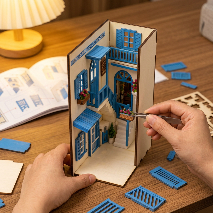 Step 2 of the build: Assemble – Book Nook Santorini Lane — DIY Wooden Kit with LED