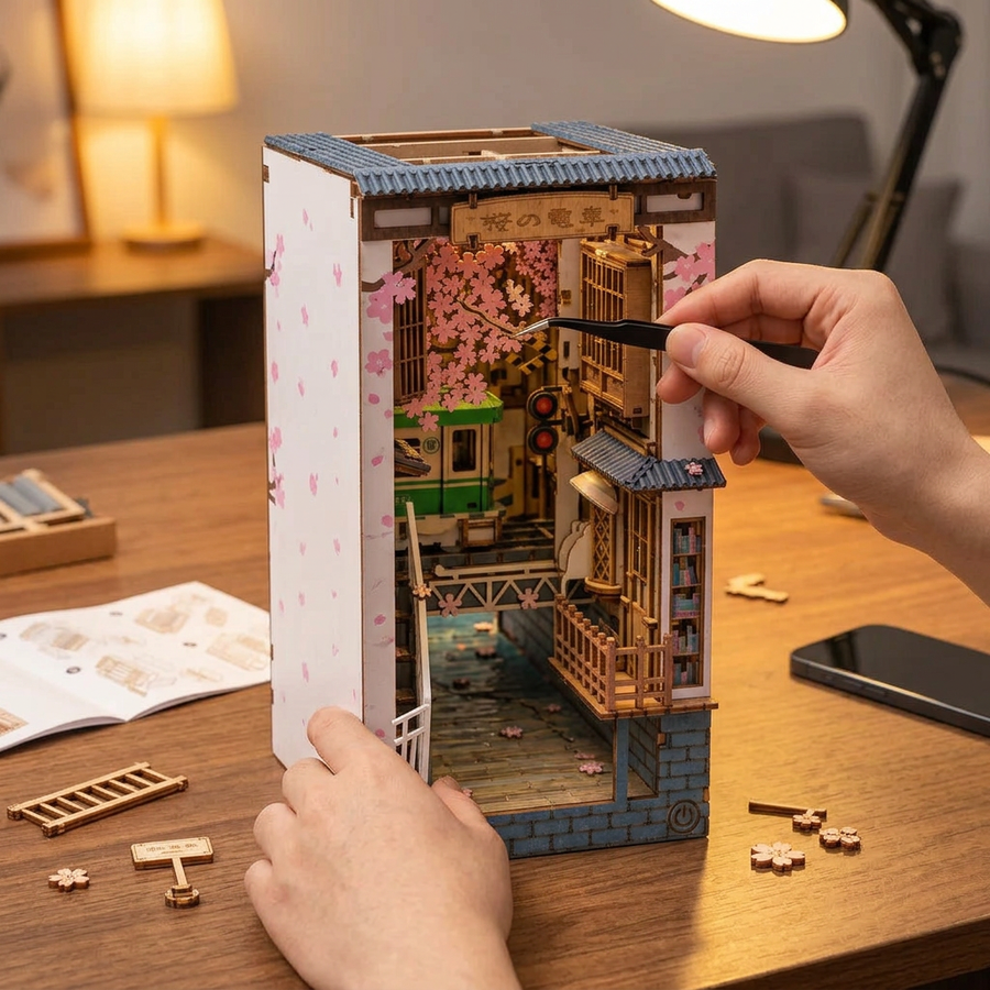 Schritt 2 beim Aufbau: Zusammenbauen – Book Nook Sakura-Straßenbahn — Japanischer DIY-Bausatz aus Holz