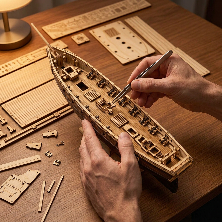Schritt 2 beim Aufbau: Zusammenbauen – Modellschiff Bausatz aus Holz — Das Segelboot New Port 1:70