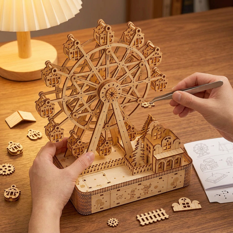Step 2 of the build: Assemble – Wooden Ferris Wheel Kit — The Ferris Wheel and Its Glowing Village