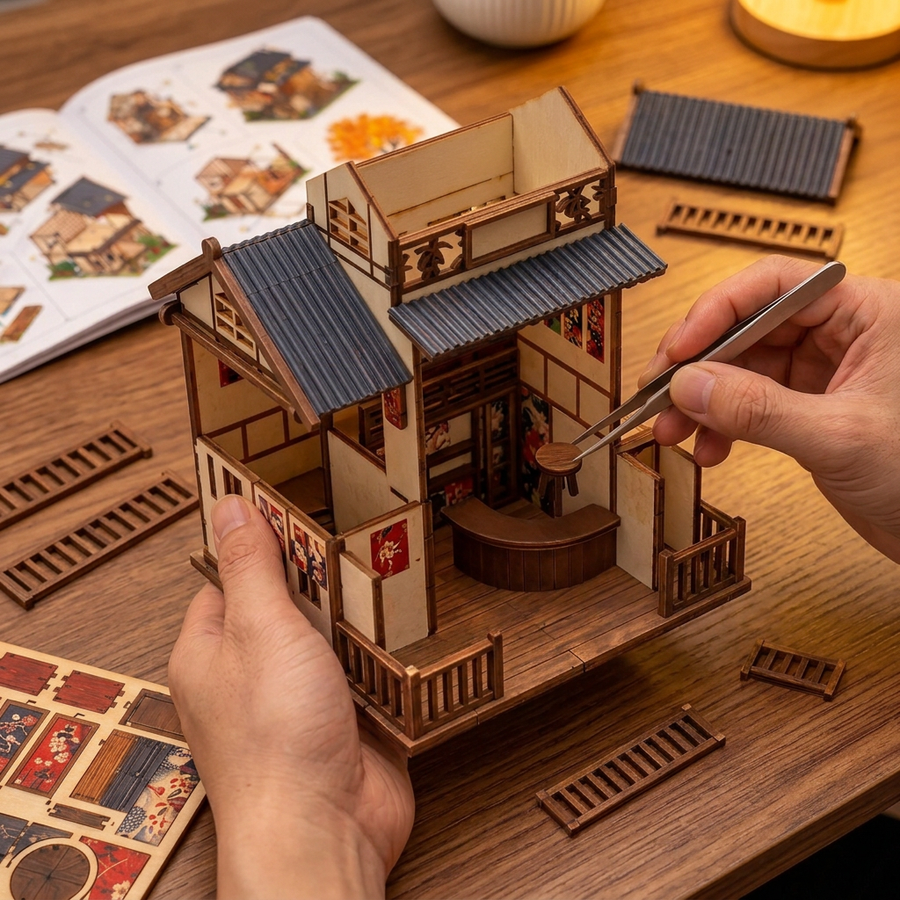 Fase 2 del montaggio: Assemblare – Casa in Miniatura Giapponese con LED — Il Salone dei Ciliegi