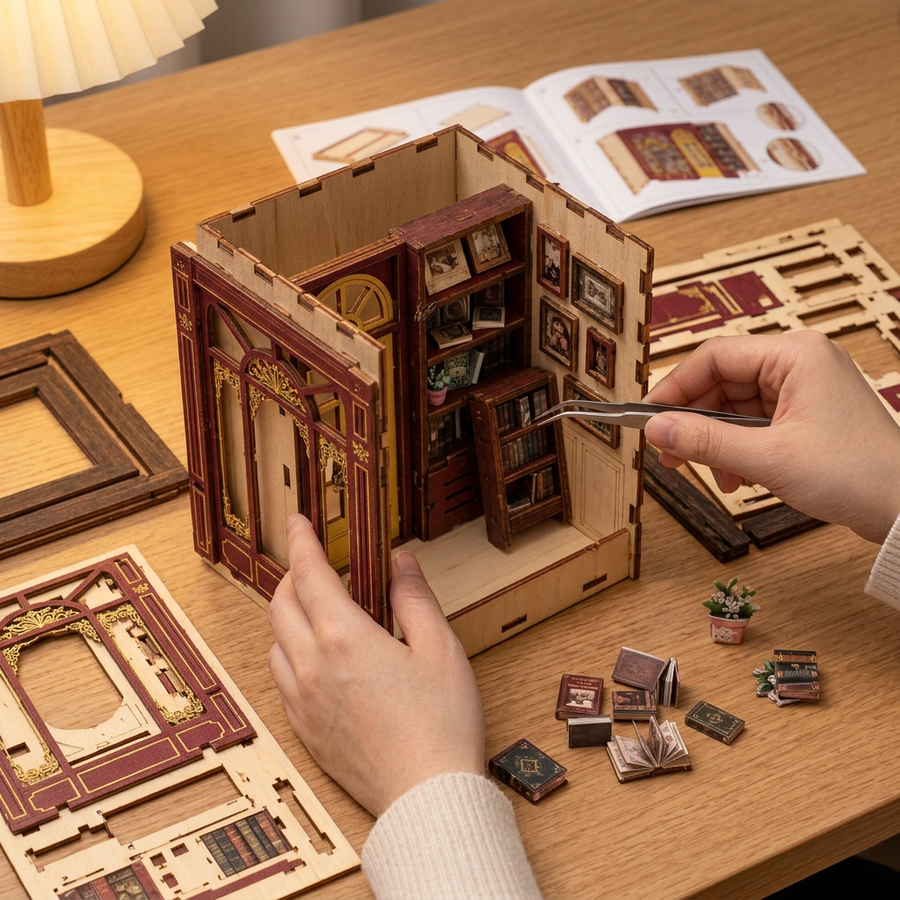 Schritt 2 beim Aufbau: Zusammenbauen – Book Nook Abendliche Buchhandlung — DIY-Bausatz aus Holz