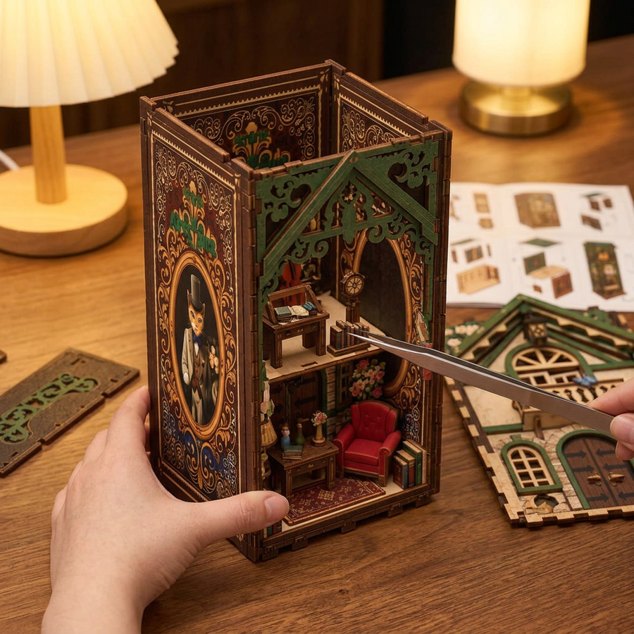 Schritt 2 beim Aufbau: Zusammenbauen – Book Nook Katzenbüro — DIY-Buchstütze aus Holz