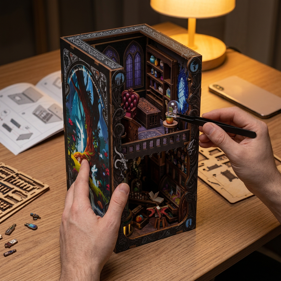 Schritt 2 beim Aufbau: Zusammenbauen – Book Nook Kabinett der exotischen Kreaturen — Fantasy-Bausatz aus Holz