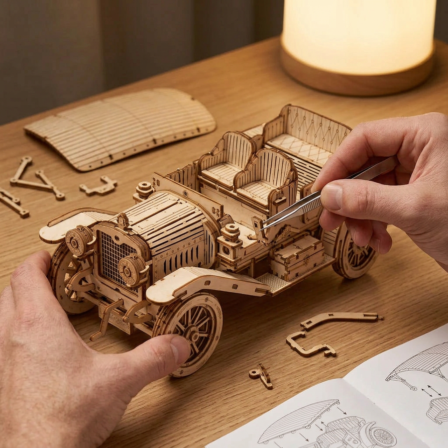 Schritt 2 beim Aufbau: Zusammenbauen – Modellauto Bausatz aus Holz — Die Limousine von damals