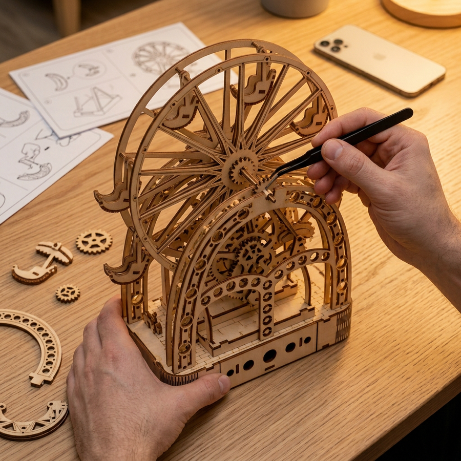 Schritt 2 beim Aufbau: Zusammenbauen – Spieluhr aus Holz — Das Riesenrad unter dem Bogen