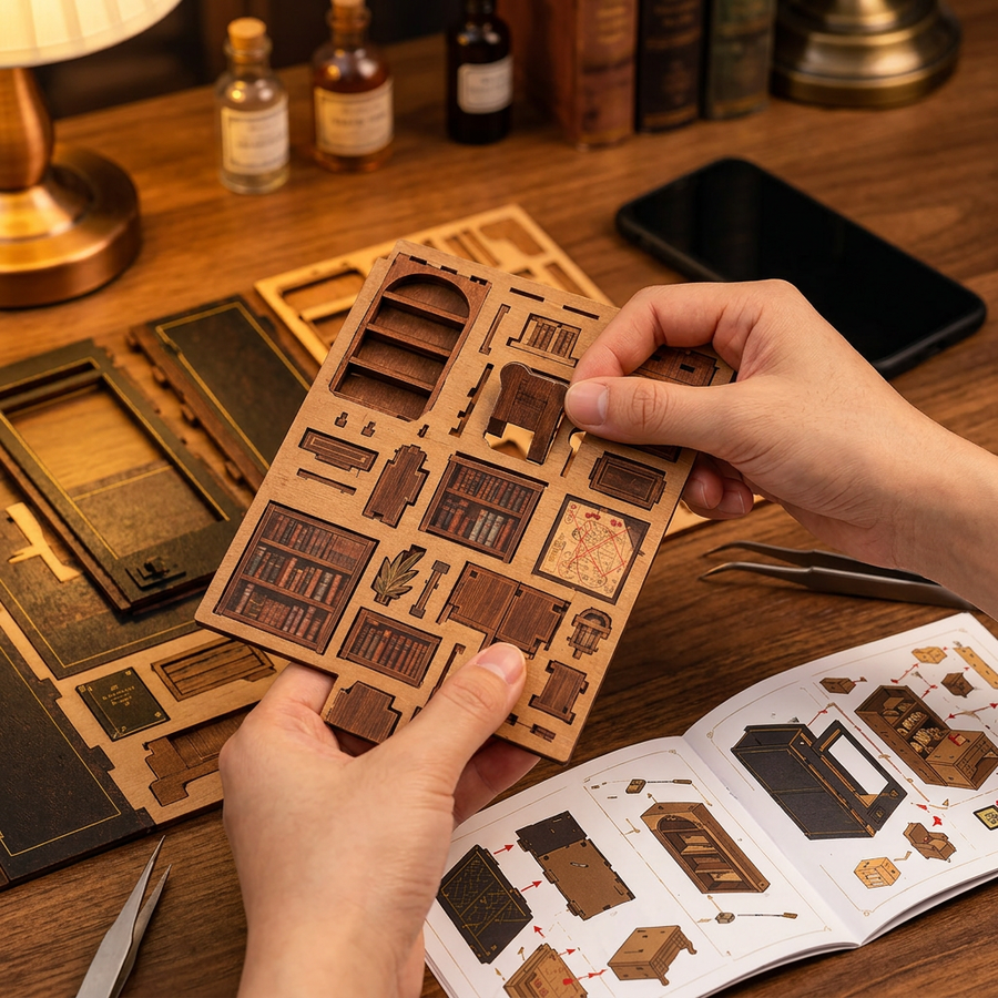 Fase 1 del montaggio: Staccare – Book Nook Ufficio del Detective — Kit Fai da Te in Legno con LED