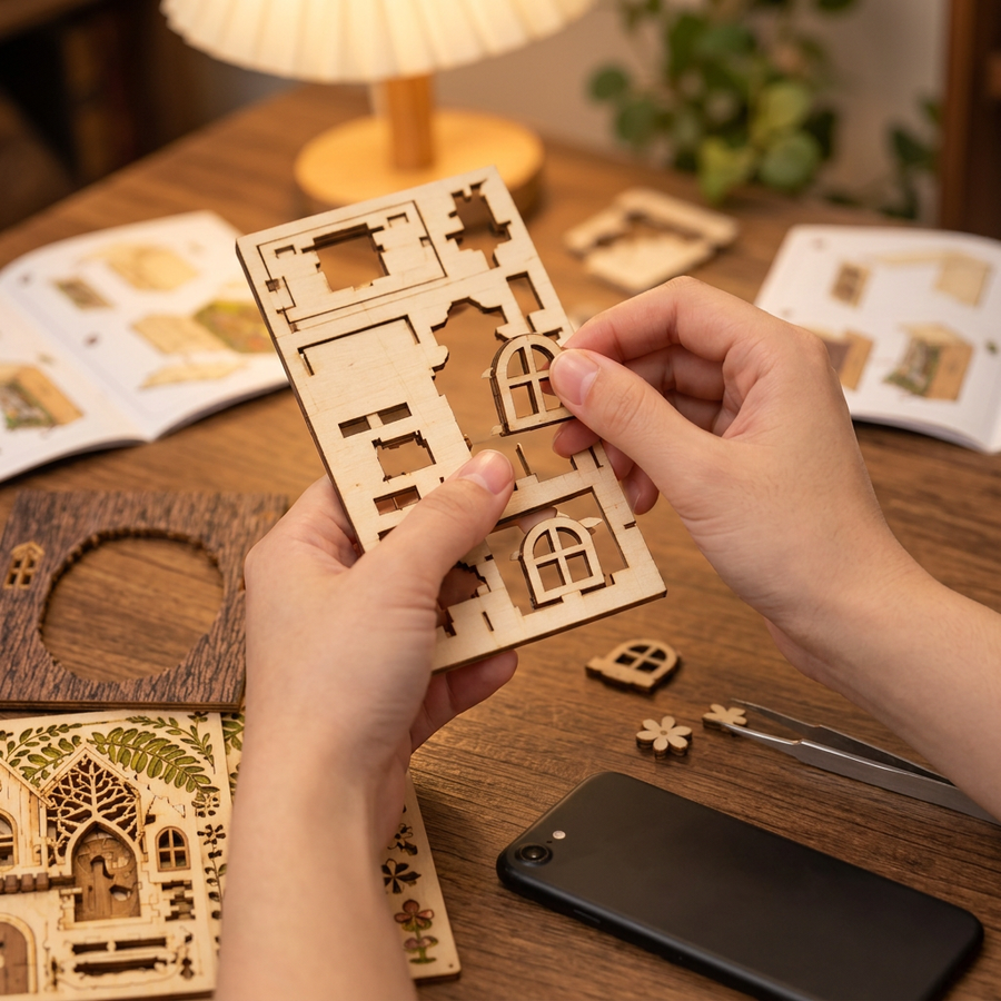 Fase 1 del montaggio: Staccare – Book Nook Rifugio della Radura — Kit Principianti Formato Libro in Legno