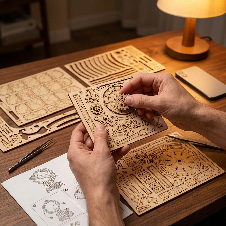 Schritt 1 beim Aufbau: Herauslösen – 3D-Puzzle aus Holz — Der leuchtende Globus