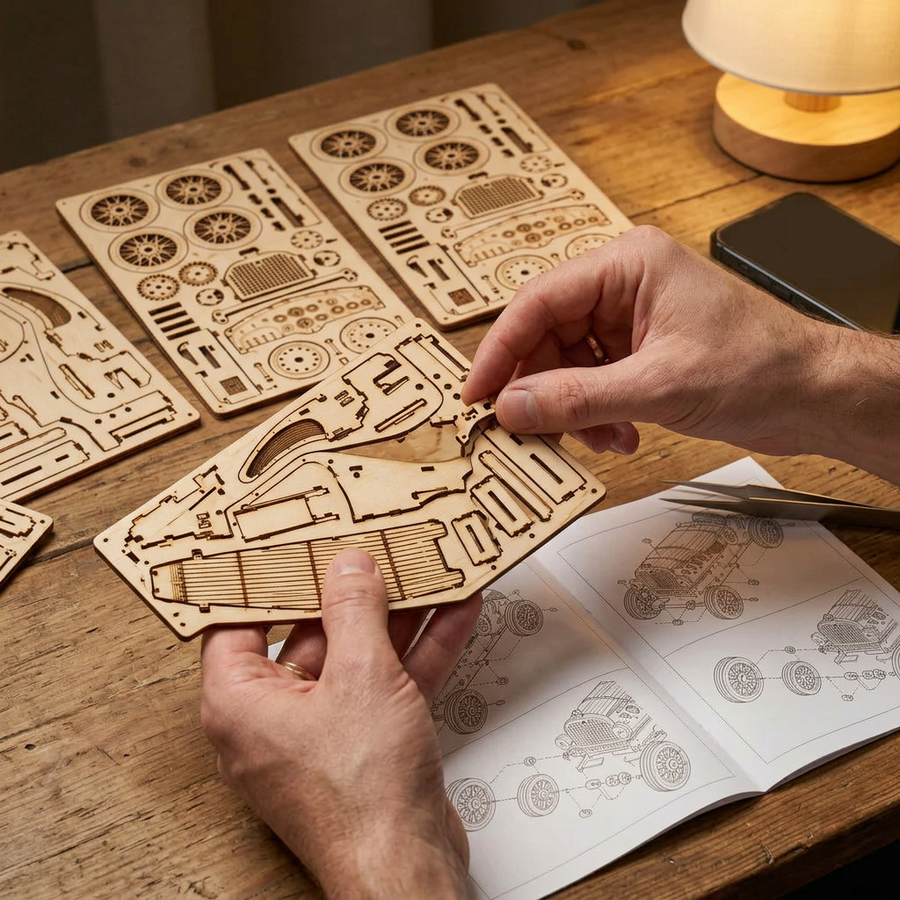 Step 1 of the build: Pop out – Wooden Car Model Kit — The Little Race Car