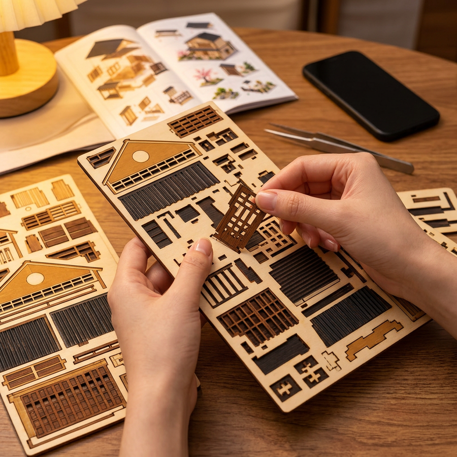 Étape 1 du montage de Kit Japonais en Bois avec LED : détacher les pièces prédécoupées