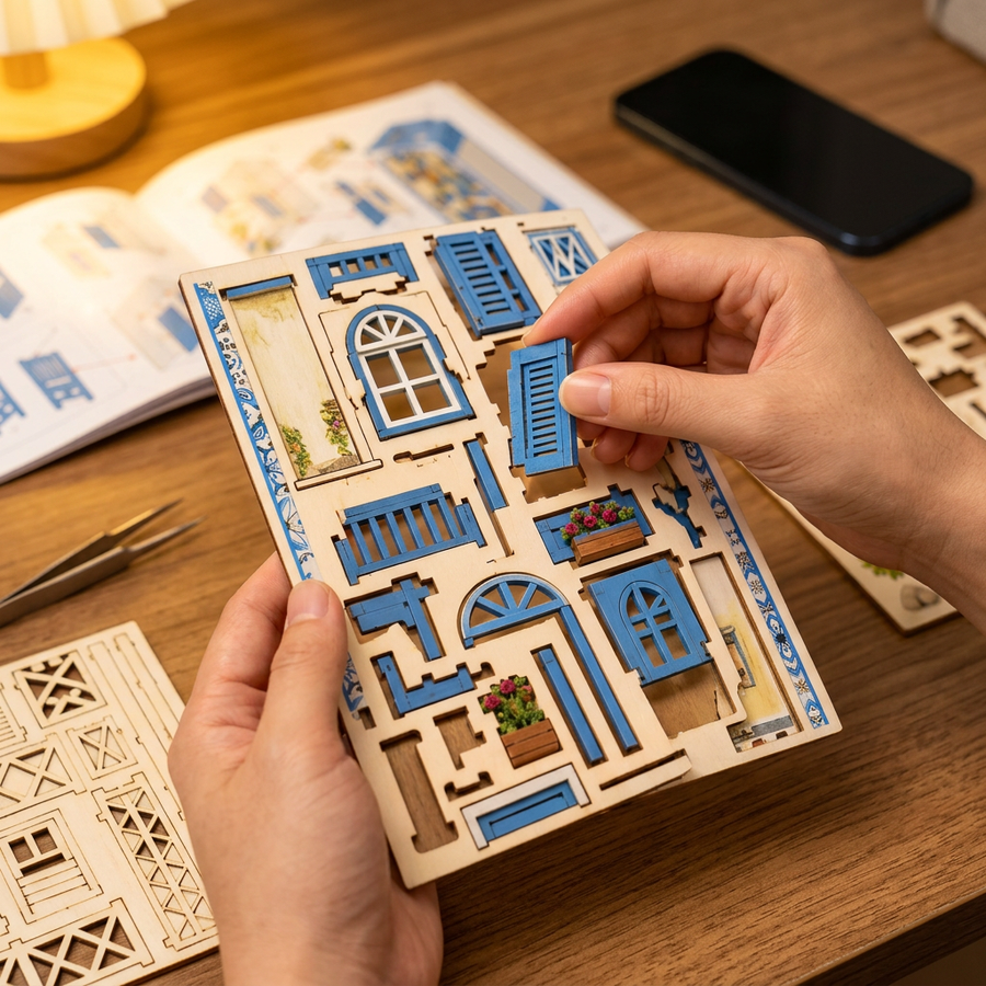 Step 1 of the build: Pop out – Book Nook Santorini Lane — DIY Wooden Kit with LED