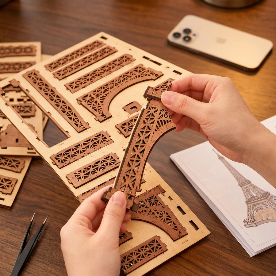 Schritt 1 beim Aufbau: Herauslösen – 3D-Puzzle aus Holz — Der Eiffelturm, eine Nacht in Paris