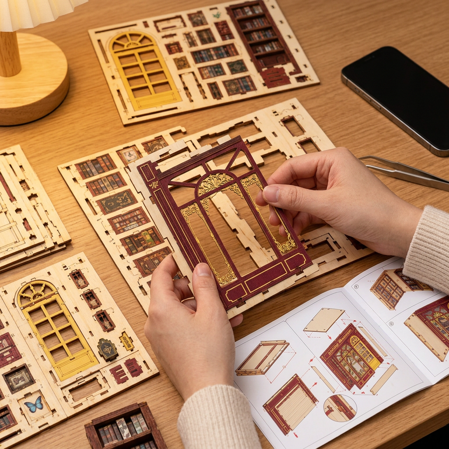 Schritt 1 beim Aufbau: Herauslösen – Book Nook Abendliche Buchhandlung — DIY-Bausatz aus Holz
