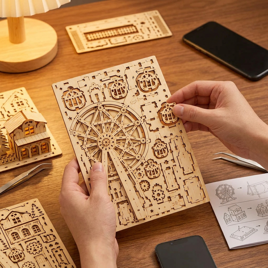 Step 1 of the build: Pop out – Wooden Ferris Wheel Kit — The Ferris Wheel and Its Glowing Village