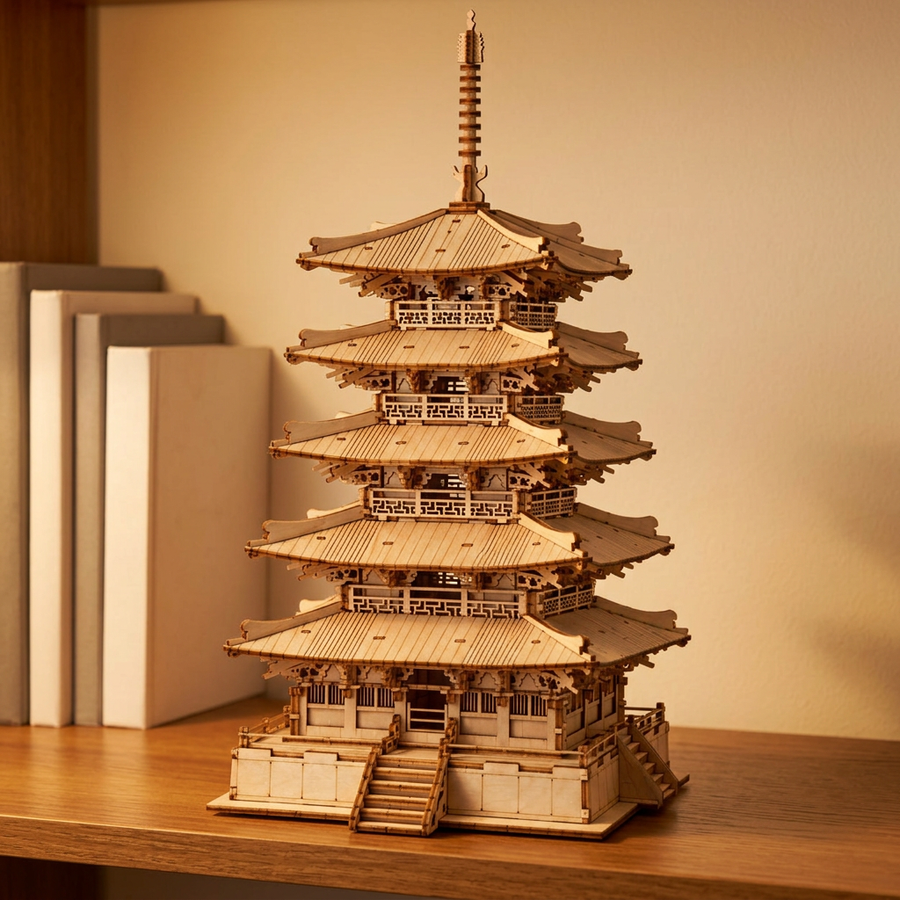 Schritt 3 beim Aufbau: Ausstellen – 3D-Puzzle aus Holz — Die fünfstöckige Pagode