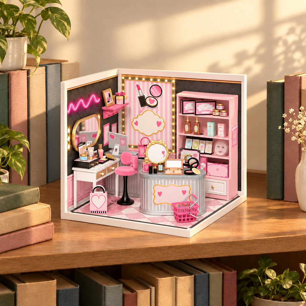 La maison miniature exposee sur une etagere de bibliotheque