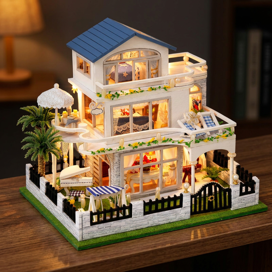Schritt 3 beim Aufbau: Anknipsen – Miniaturhaus Bausatz mit LED — Die Villa an der Riviera