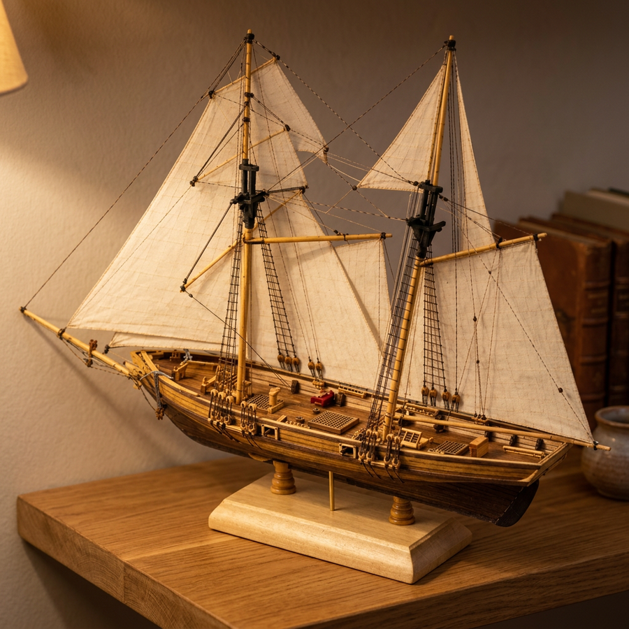 Schritt 3 beim Aufbau: Ausstellen – Modellschiff Bausatz aus Holz — Das Segelboot New Port 1:70