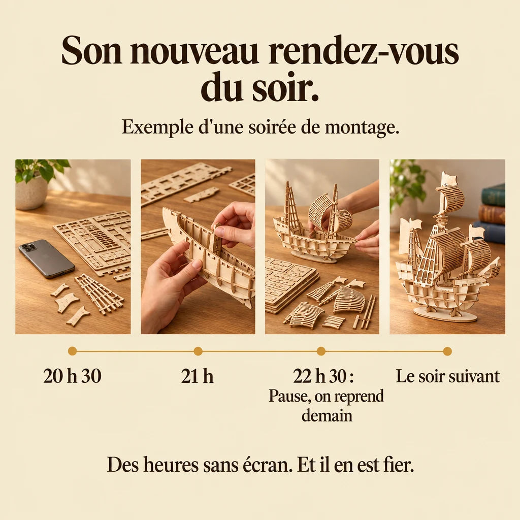 Frise d'une soirée de montage du Petit Voilier à Poser, téléphone retourné