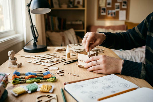 Manos de un adolescente montando un pequeño kit de madera en su escritorio, rodeado de hilos para pulseras, un cuaderno de bocetos y una figura de arcilla