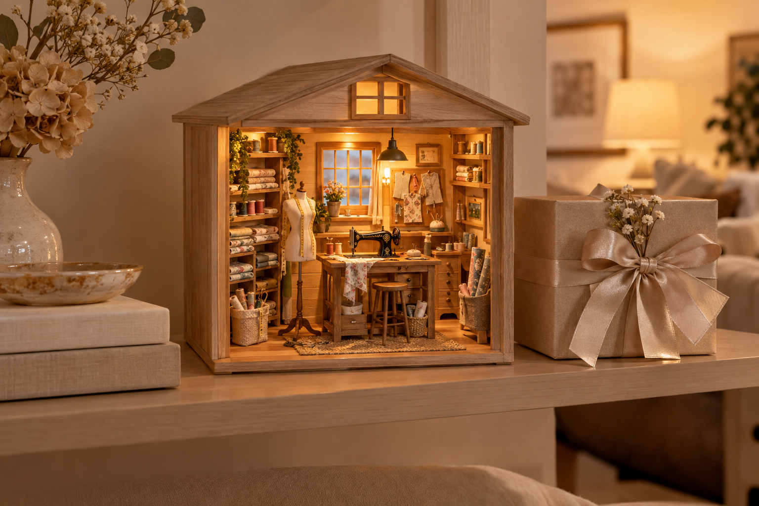 Book nook della sartoria montato e acceso su uno scaffale, idea regalo per una donna di 40 anni